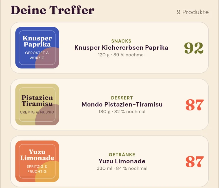 Produktliste in der Yammo-App, jede Zeile mit dem Anteil „nochmal“